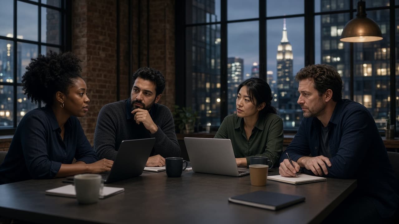 A small team talking around a loft table at night