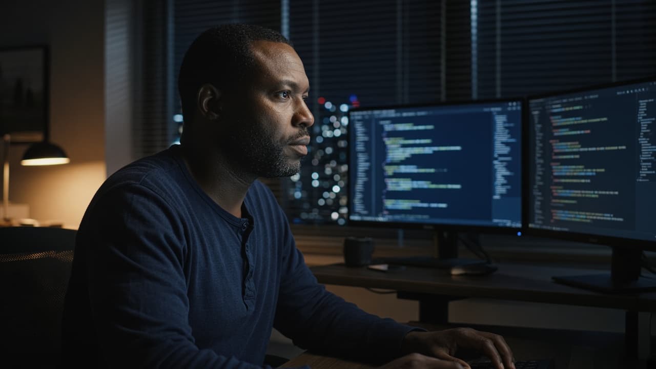 An engineer working late at a dual-monitor desk