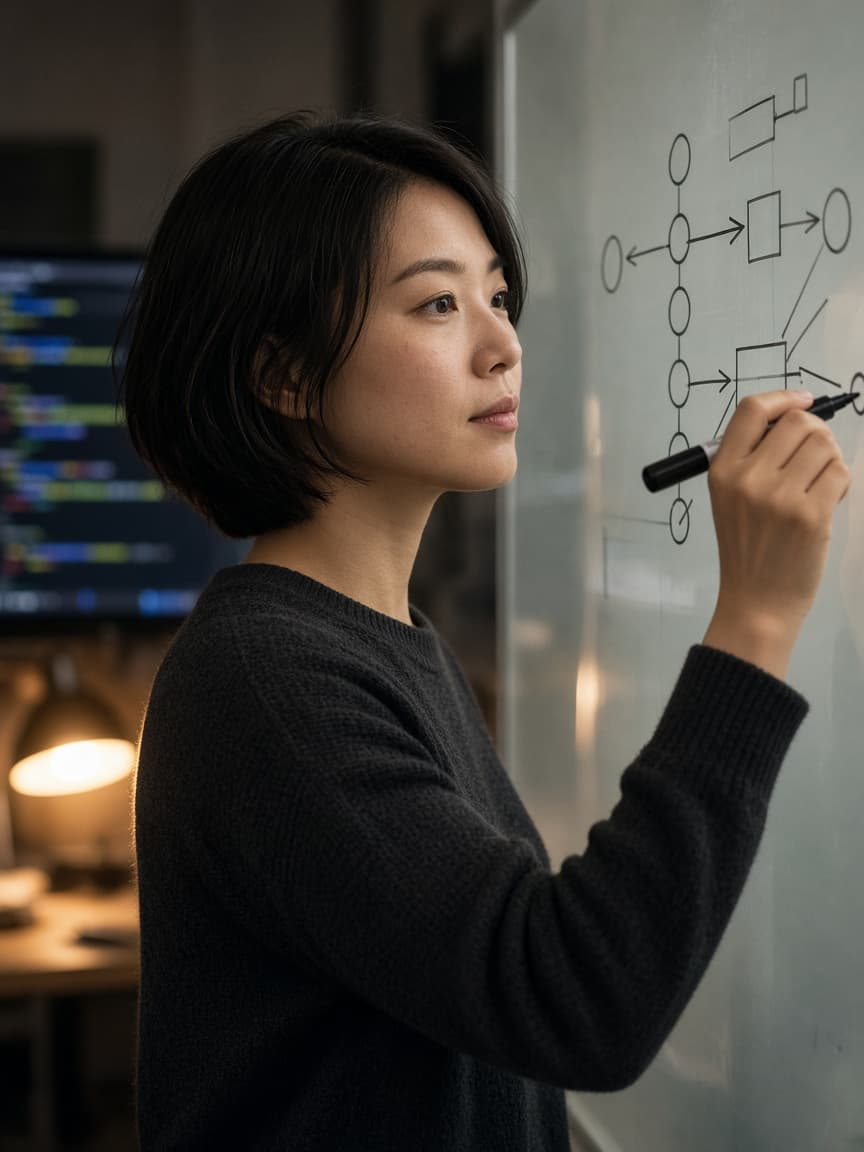 An engineer sketching a system on glass