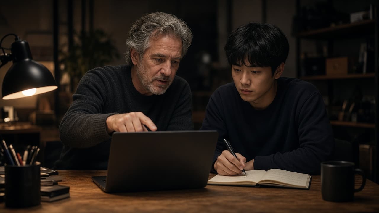 Two engineers reviewing work together at a table