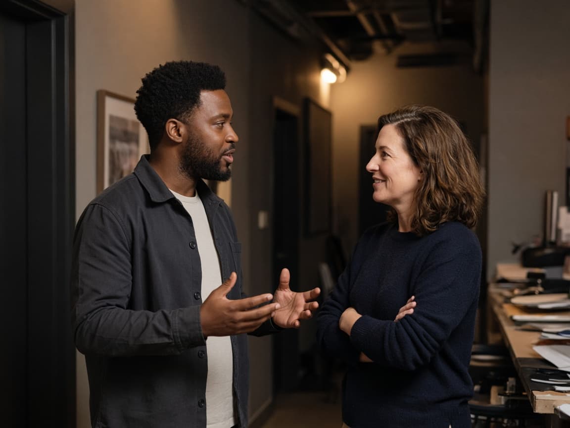 Two colleagues talking in a studio hallway