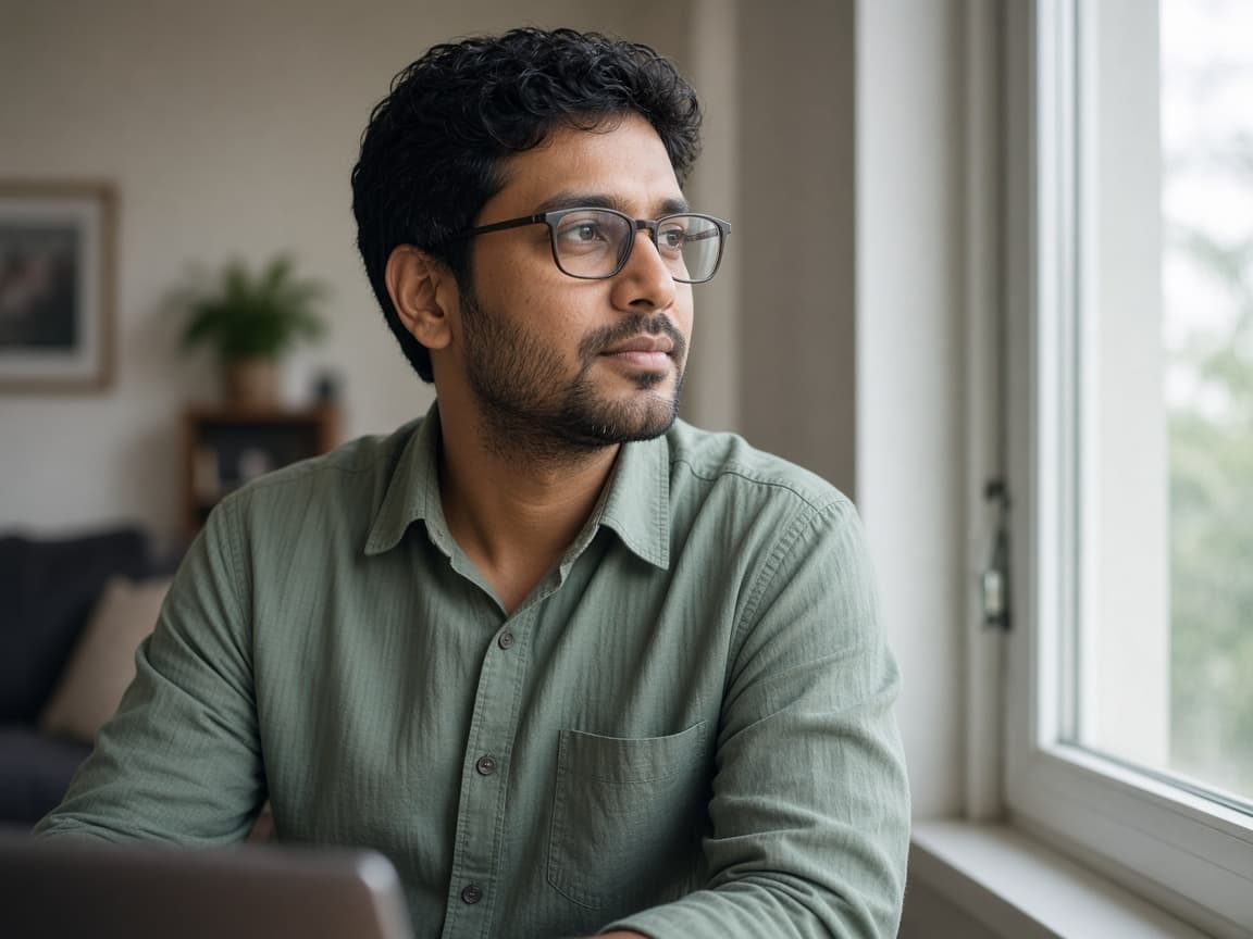An engineer working from a sunlit apartment