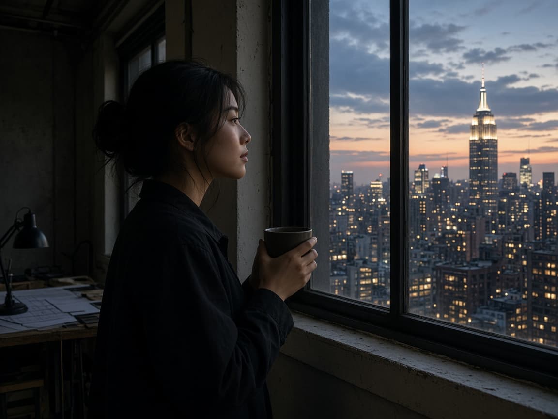 An engineer looking out over the city from a loft window