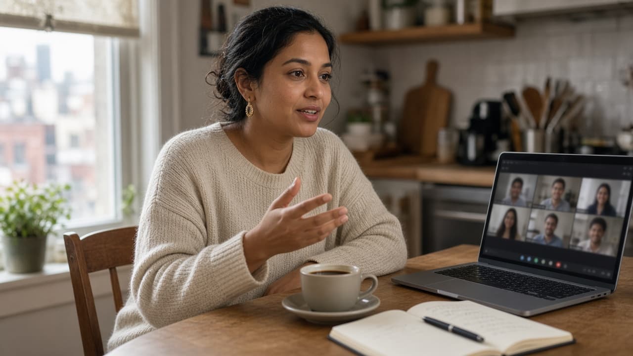 An engineer on a morning call from a home kitchen table